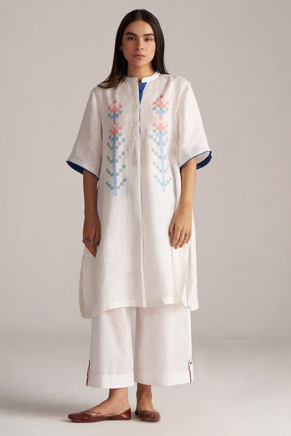 White Linen Embroidered Kurta and Pants Co-ord Set — Ganga Fashions Pvt Ltd