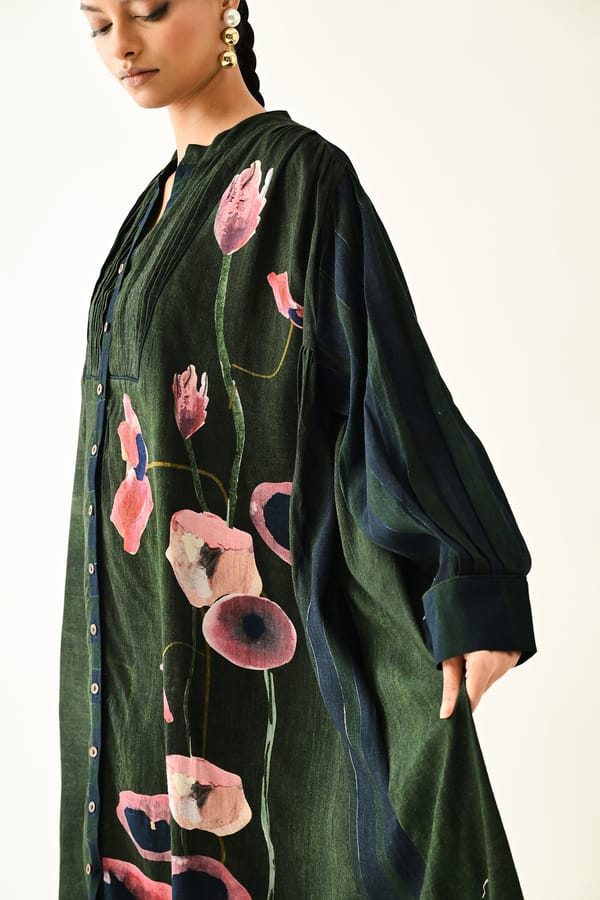 Green Abstract Floral Button-Down Midi Dress — Ofrida