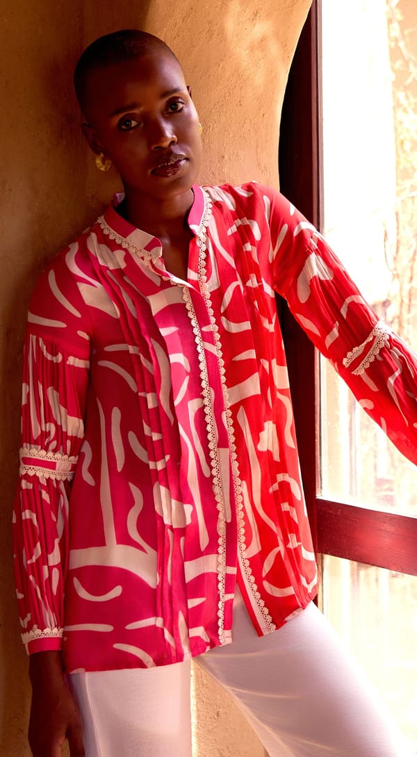 Pink Abstract Print Muslin Kurta Tunic with Lace Trim — Basanti Kapde aur Koffee