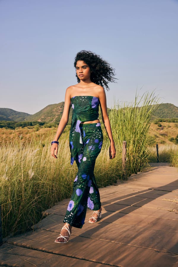 Purple and Dark Green Floral Flared Trousers — Zip by Payal Zinal