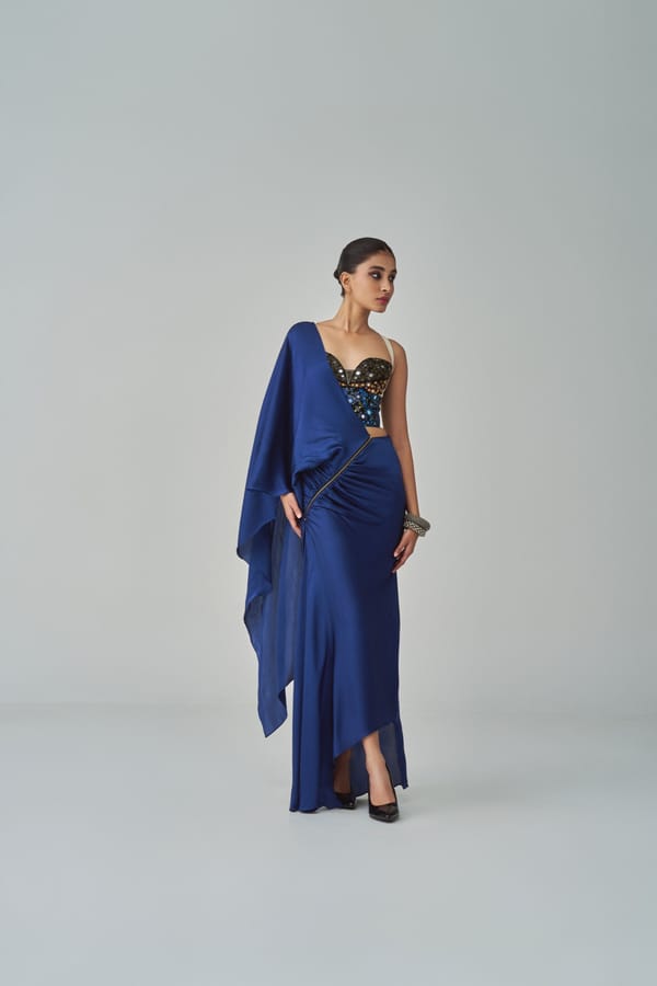 Blue/Black Satin Mirror Work Sweetheart Crop Blouse — Saaksha and Kinni