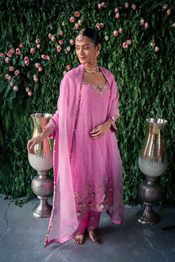 Pink Crushed Silk Embroidered Kurta Set with Dupatta — Pooja Singhal