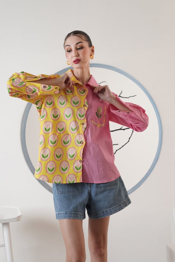 Yellow Pink Colorblock Floral Print Button-Down Shirt — SURABHI ARYA