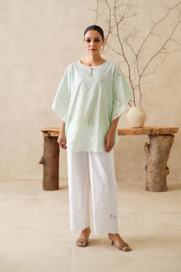 Mint Green Kaftan Top and White Pant Co-ord Set — NEETIKA CHOPRA