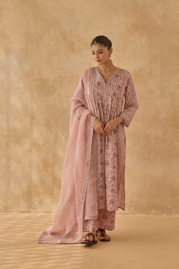 Pink/Grey Printed Straight Kurta Set with Dupatta — CHHIPA JAIPUR