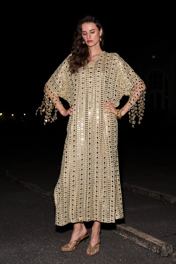 Ivory and Gold Mirror Work Maxi Kaftan Dress with Slip — Dash and Dot