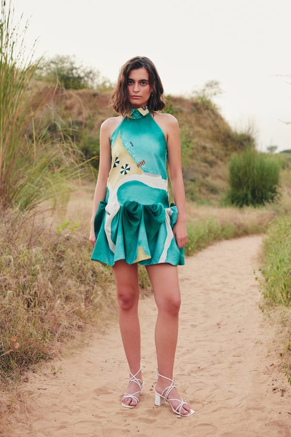 Teal Abstract Print Halter Neck Draped Mini Dress — Zip by Payal Zinal