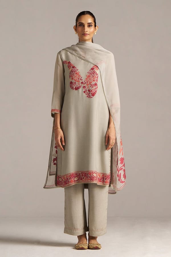 Grey Embroidered Straight Kurta Set with Dupatta — Ganga Fashions Pvt Ltd