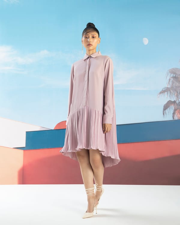 Mauve Pleated Midi Shirt Dress — Pleats by Aruni