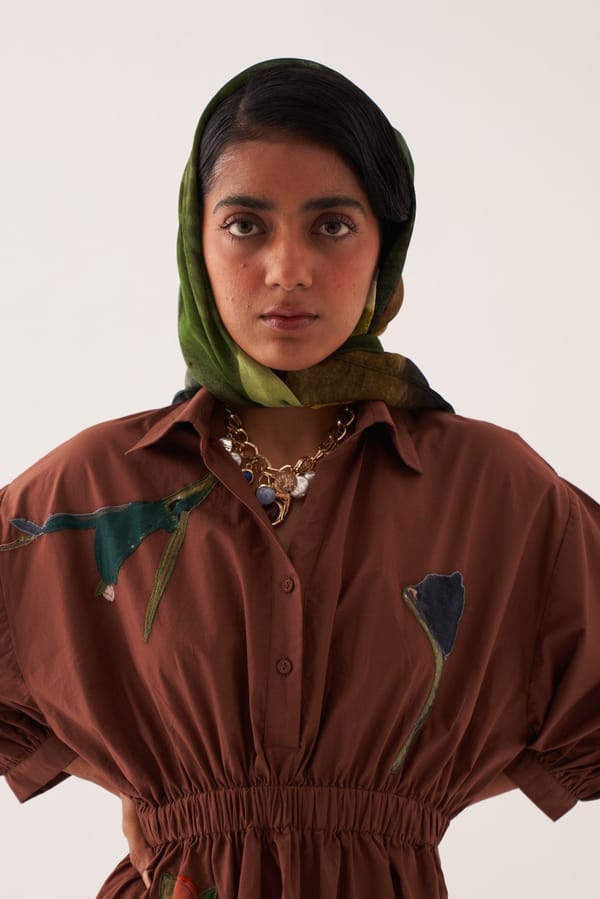 Brown Midi A-Line Shirt Dress with Floral Applique — Ofrida