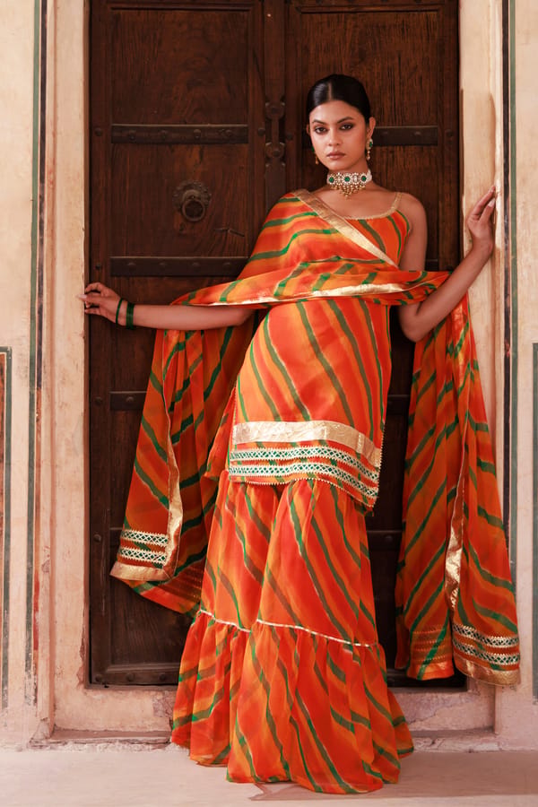 Orange Chiffon Strappy Sharara Set — Bannhi by Priyanka Rathore