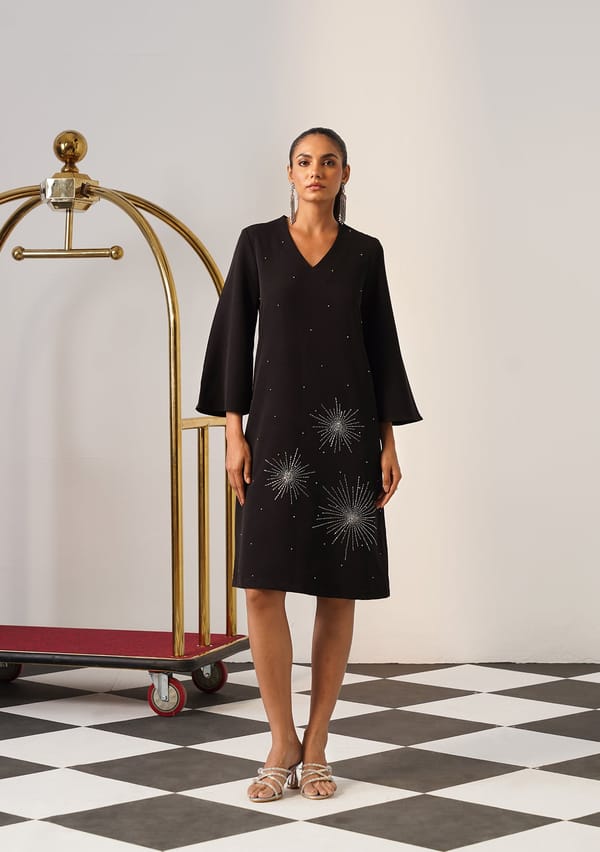Black Embellished V-Neck A-Line Midi Dress — AMOSHI