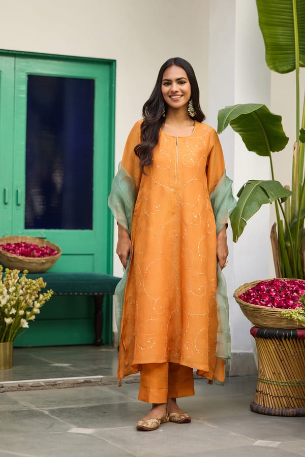 Orange Tissue Hand-Embroidered Straight Kurta Set — Trendy Tokari