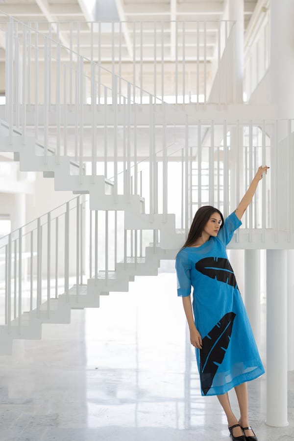 Blue Chanderi Midi Dress with Black Leaf Applique — Silai studio