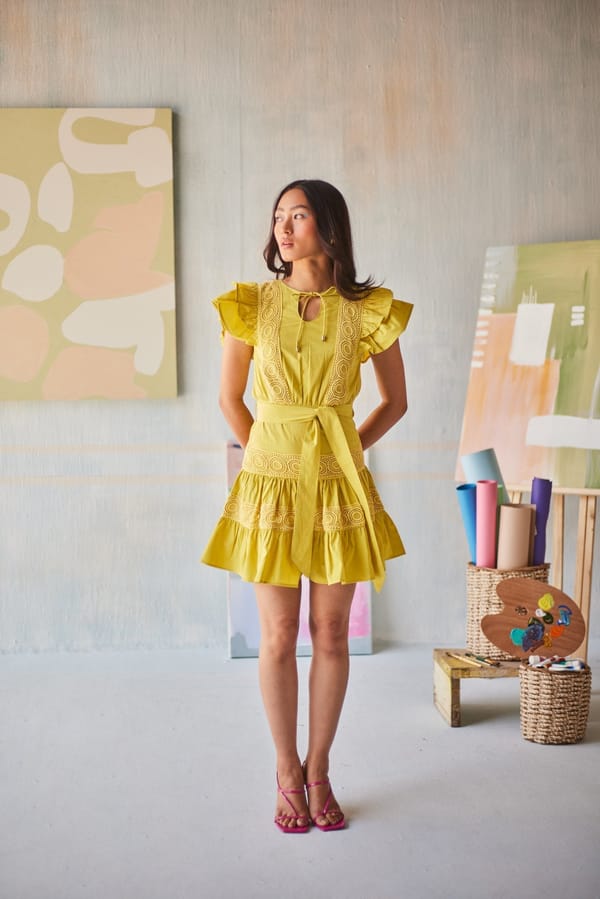 Mustard Yellow Cotton Tiered Mini Dress with Lace Detail — Sage by Mala
