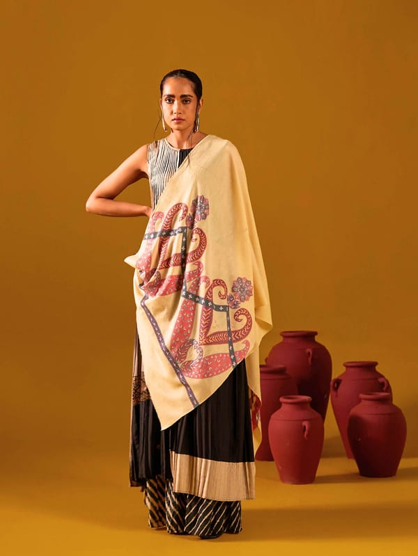 Pashmina Kalamkari Border Stole — Shaza