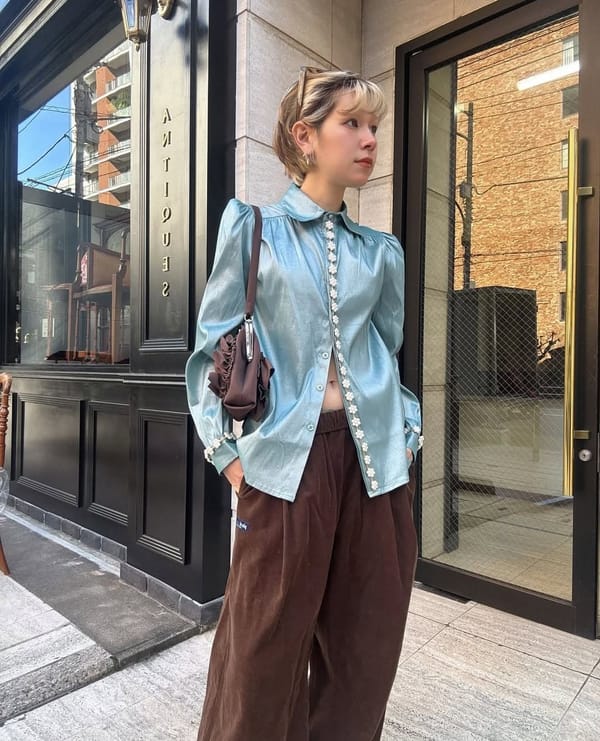 Celadon Blue Pearl-Trim Shiny Collared Blouse — SISTER JANE