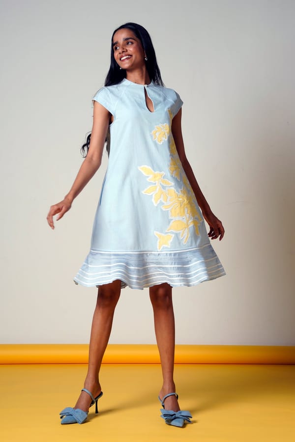 Ice Blue A-Line Knee-Length Cotton Dress with Applique — Madder Much