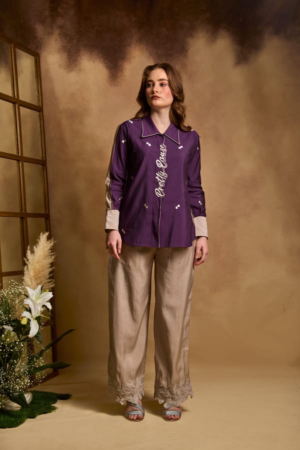 Purple and Light Grey Shirt and Trouser Co-ord Set — An'era by Asmita Verma