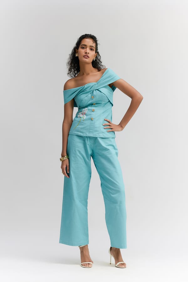 Aqua Blue Denim Off-Shoulder Top — Itara an another