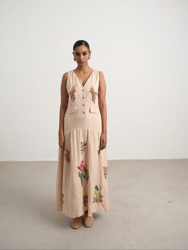 Beige Linen Hand-Embroidered Button-Front Maxi Dress — Naka Teki