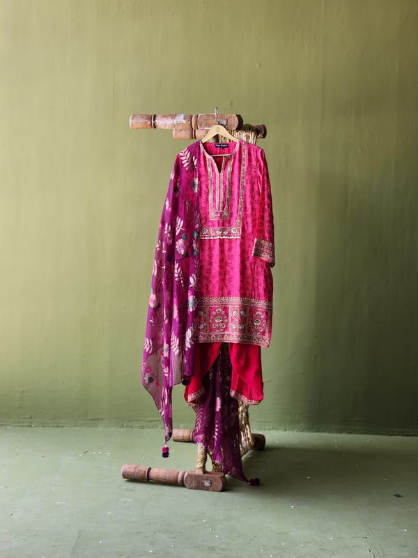 Pink Printed Short Kurta Set with Zari Embroidery — Pooja Singhal