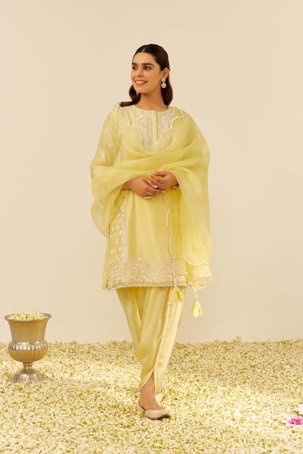 Lemon Yellow Embroidered Kurta and Dhoti Set — Sheetal Batra