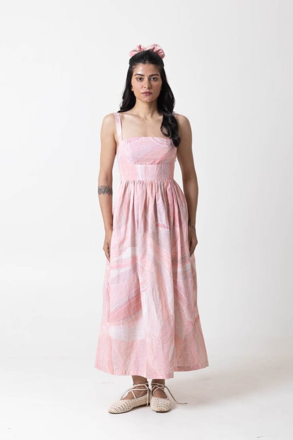 Pink/Peach Printed Fit and Flare Midi Dress — MOMENT BOMBAY