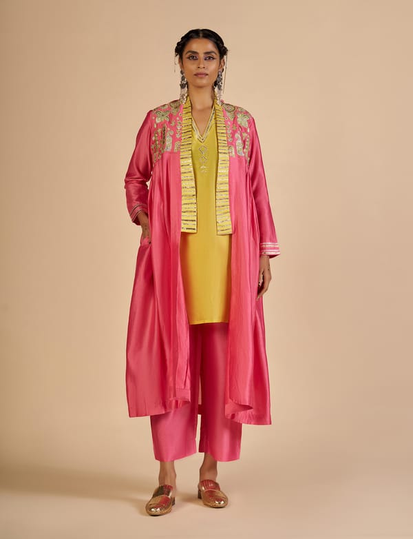 Pink Silk Chanderi Gota Embroidered Front-Open Coat — Gulabo by Abu Sandeep