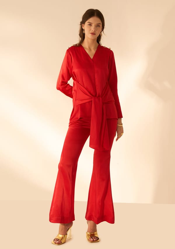 Red Satin Wrap Top and Bell Bottom Co-ord Set — AMOSHI