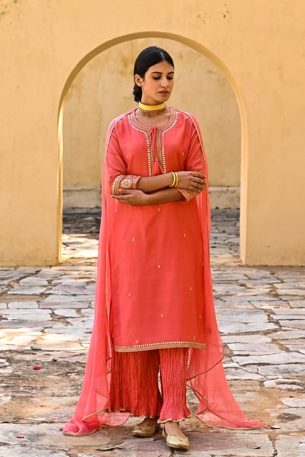 Spiffy Peach Marori Work Chanderi Suit Set — Kameez