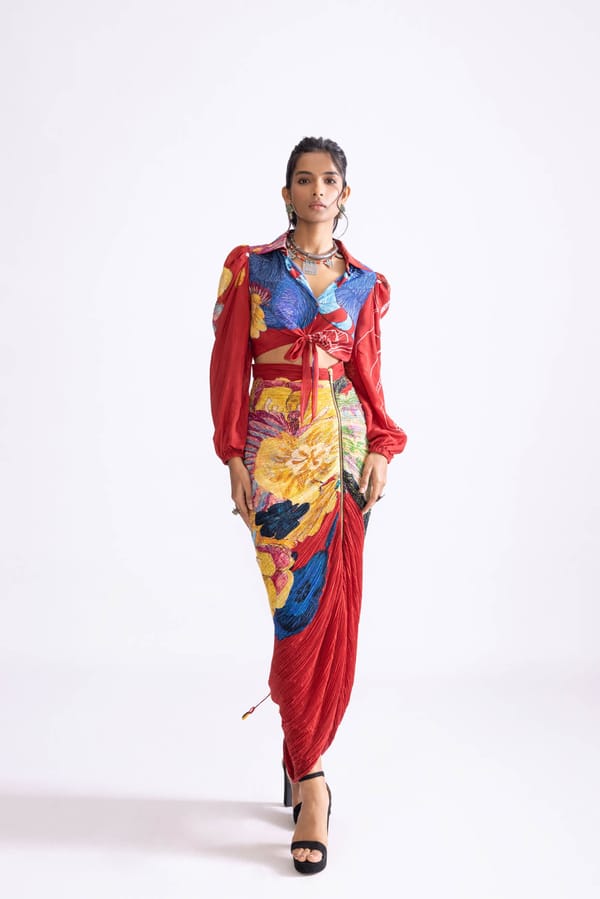 Red Daisy Print Micro-Pleated Draped Maxi Skirt — Saaksha and Kinni