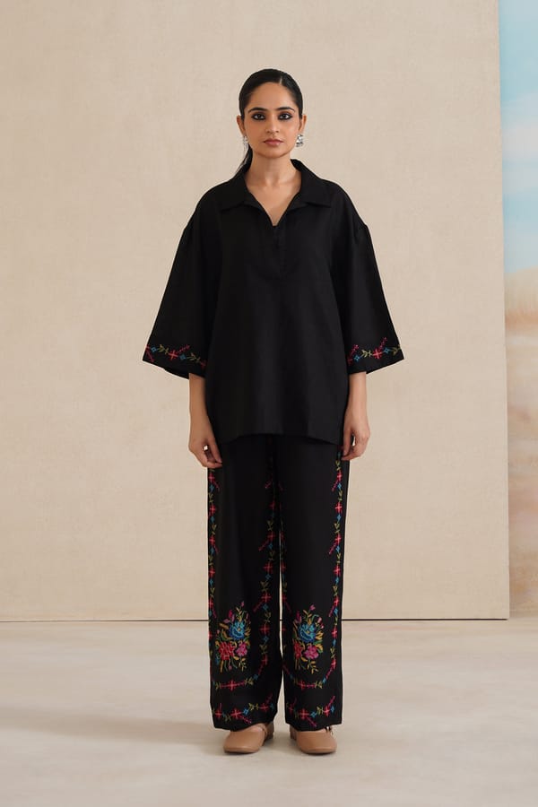 Black Linen Cotton Cross-Stitch Co-ord Set — INCHING INDIA