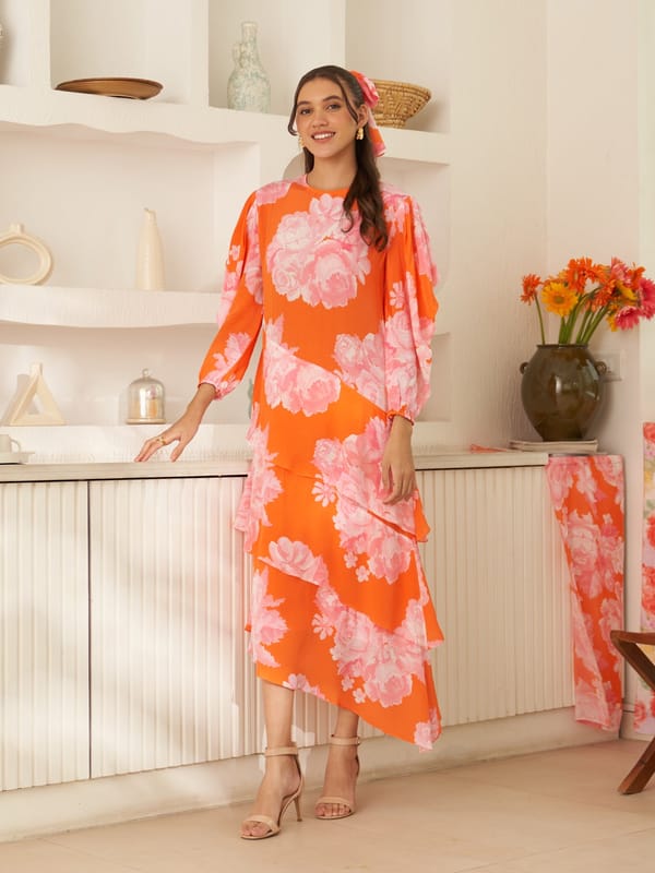 Orange Floral Tiered Midi Dress — Houseofsoi