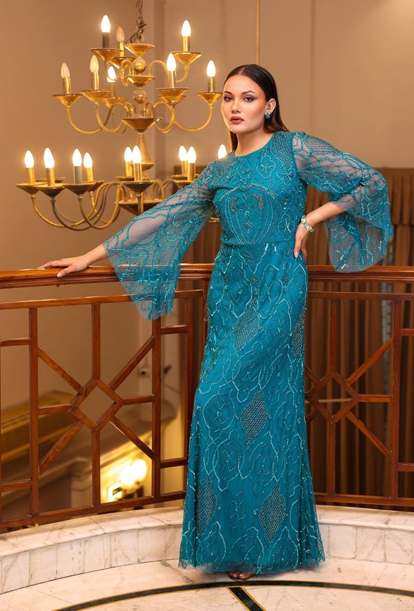 Teal Beaded Bell-Sleeve Gown — EDITION II
