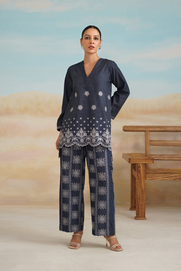 Denim Blue Embroidered Tunic and Wide-Leg Co-ord Set — NEETIKA CHOPRA