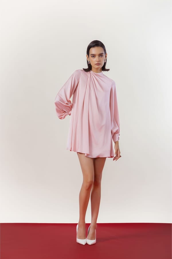 Pink Satin High Neck Draped Mini Dress — Studio MuGu