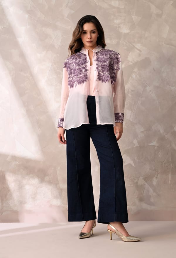 Blush Pink Sheer Shirt Set with Mauve Floral Appliqué & Inner — ANYSA