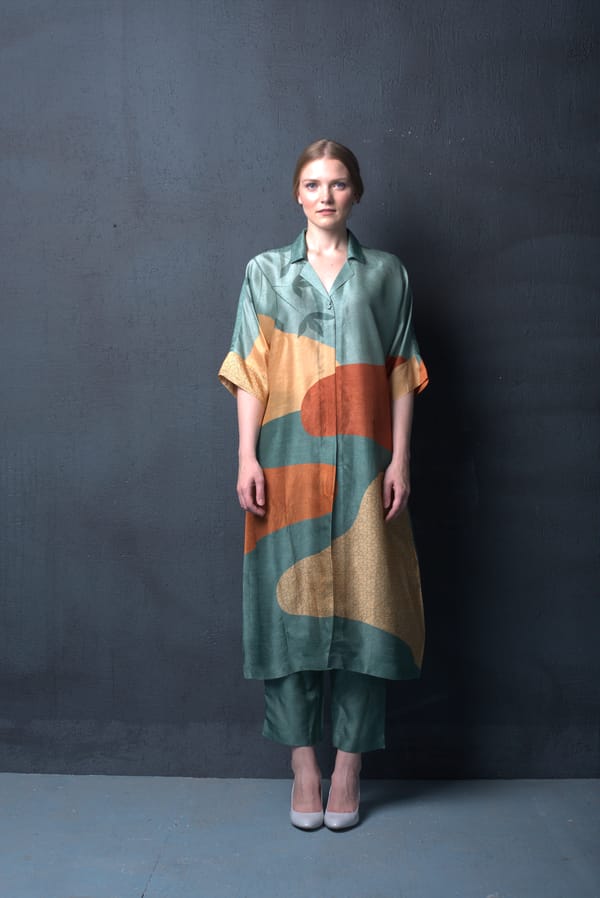 Stone Blue/Sienna Brown Dupion Silk Kurta Set — CLOS