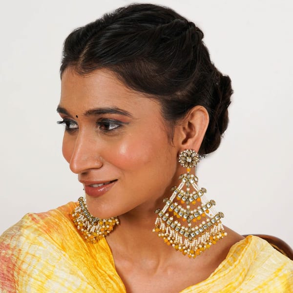 Traditional Kundan Dangler Earrings with Yellow Beads & White Pearls — BeAbhika
