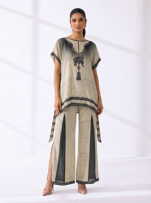 Ivory Striped Tunic and Wide-Leg Trouser Co-ord Set — Kamaali Pret
