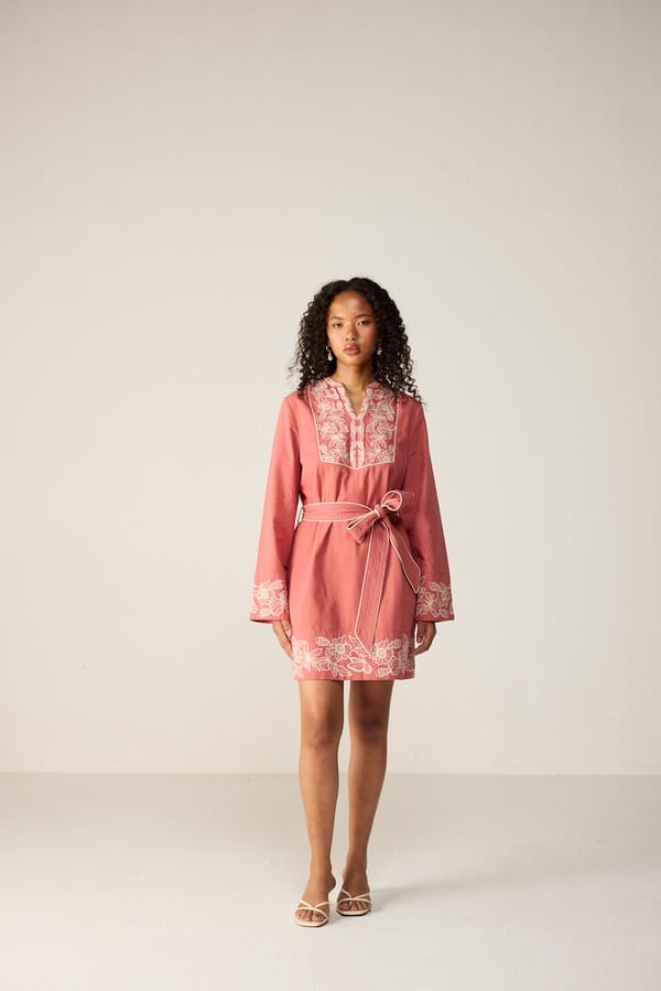 Terracotta Embroidered Cotton-Linen Mini Shift Dress — Calling June