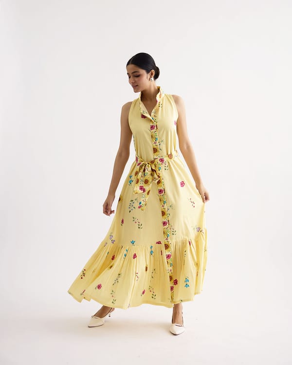 Yellow Floral Printed Tiered Maxi Dress with Waist Tie — THE FINICKY COLORIST