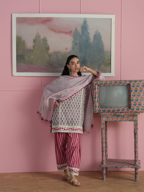 DAISY SHORT KURTA WITH STRIPED SALWAR & DUPATTA — TASHA INDIA