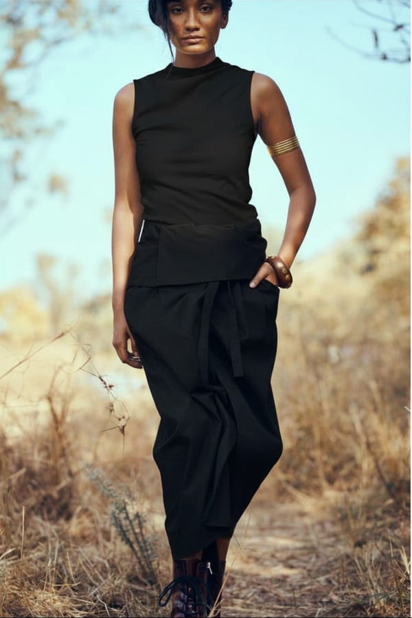 Black Cotton Twill Wrap Midi Skirt with Tie Waist — Unrush