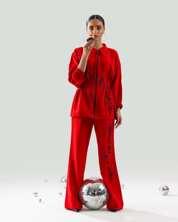 Red Zip-Front Shirt and Wide-Leg Pants Co-ord Set — Ang-sa