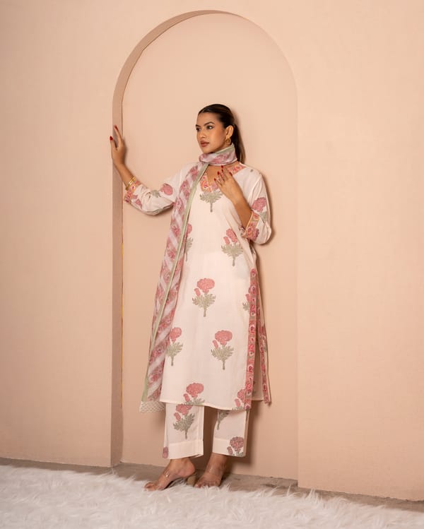 Sunbloom Ivory Block Print Cotton Suit Set — Kameez