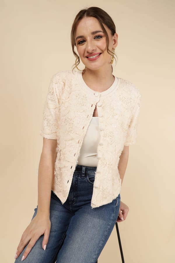 Beige Floral Textured Button-Front Cardigan — LUSTRIN