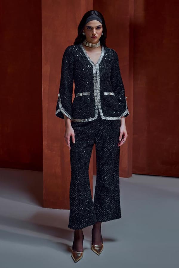 Black Sequinned Tweed Co-ord Set with Flared Pants — BOHO-CHIC