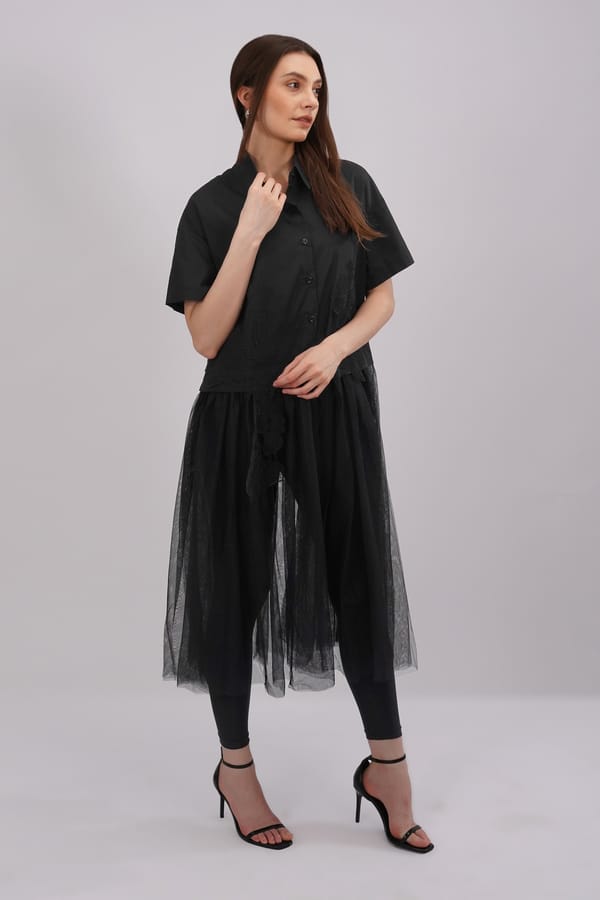 Black Collared Button-Down Midi Dress with Sheer Overlay — THE LUXURY DRESSING